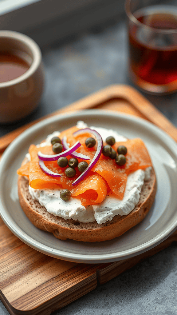 A smoked salmon and cream cheese bagel topped with red onions and capers, served on a plate