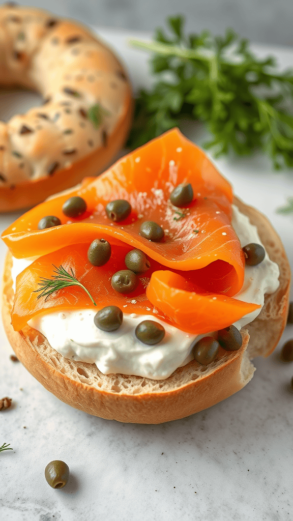 A bagel topped with cream cheese, smoked salmon, capers, and fresh dill.