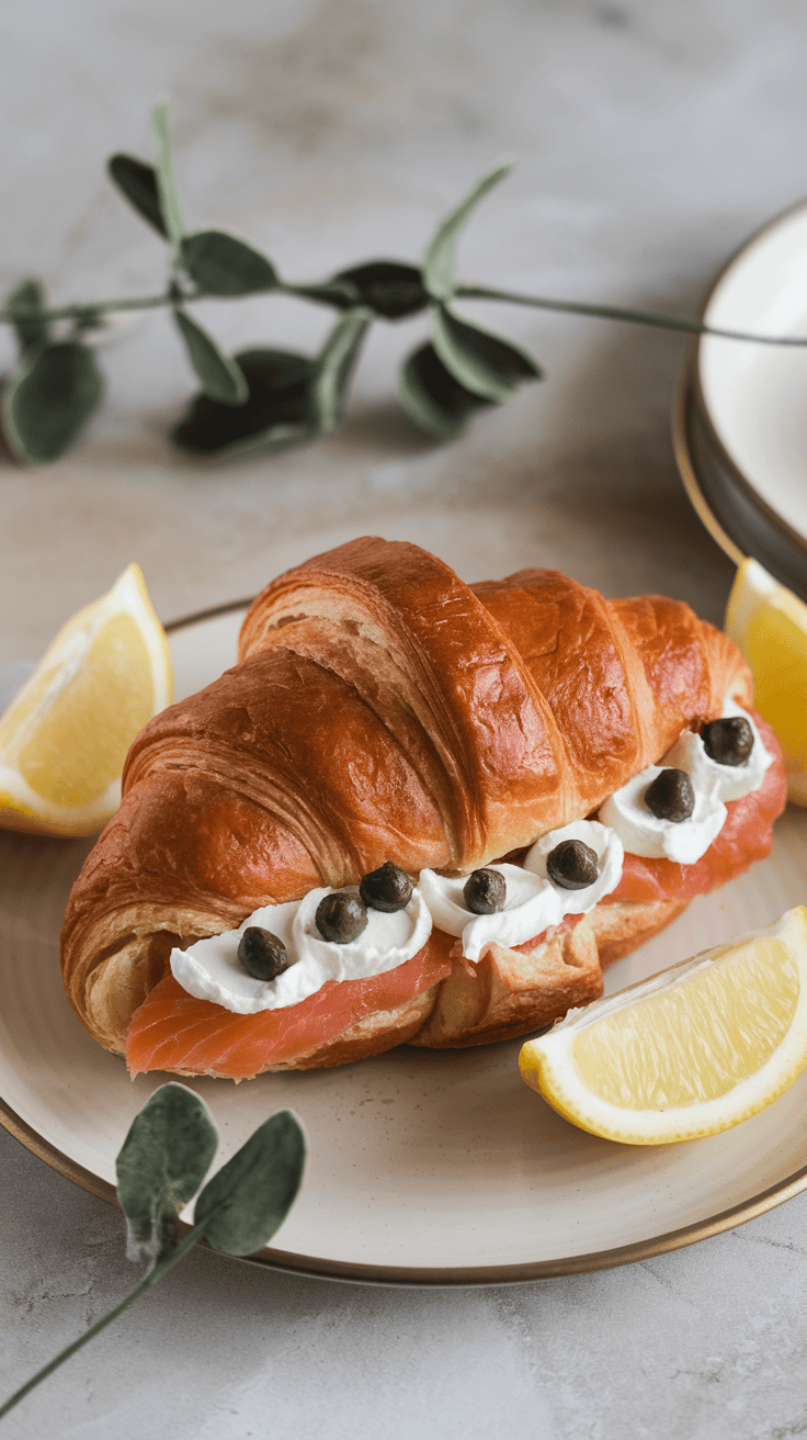 A smoked salmon and cream cheese croissant garnished with capers and lemon slices.