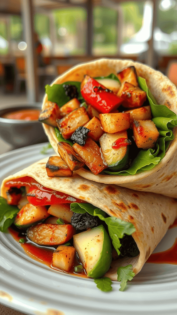 Two smoky barbecue grilled veggie wraps filled with colorful grilled vegetables on a plate with a side of salsa.