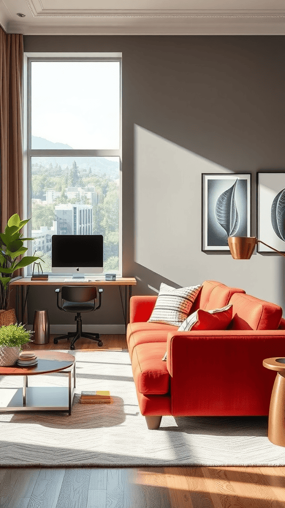 A bright red sofa in a modern workspace with a desk, computer, and large window.