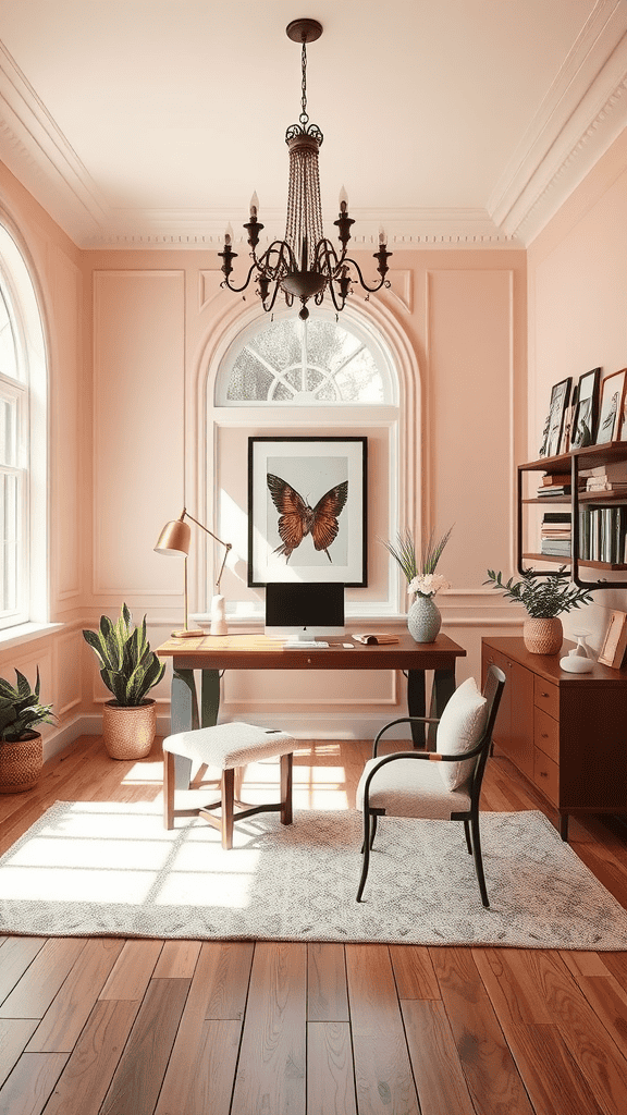 A bright and inviting office space featuring blush walls, a wooden desk, and decorative plants.