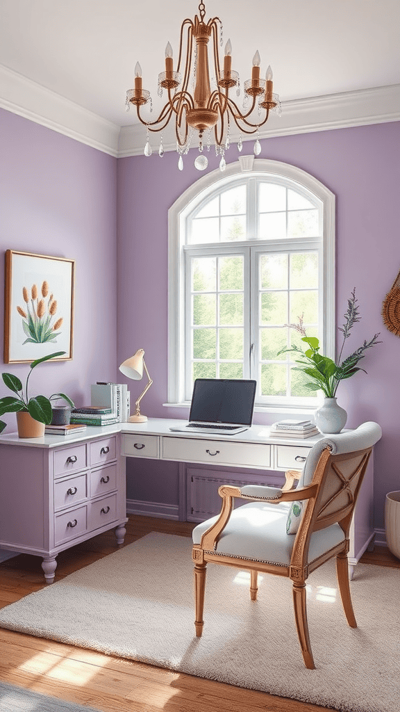 A serene home office with soft lavender walls, a stylish desk, and a comfortable chair.