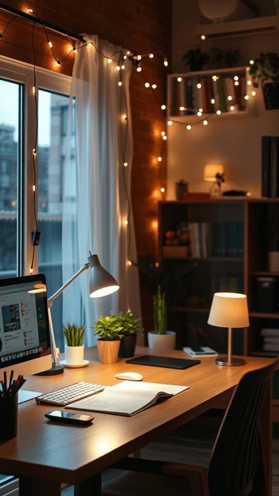 A cozy workspace with soft lighting, plants, and a computer.