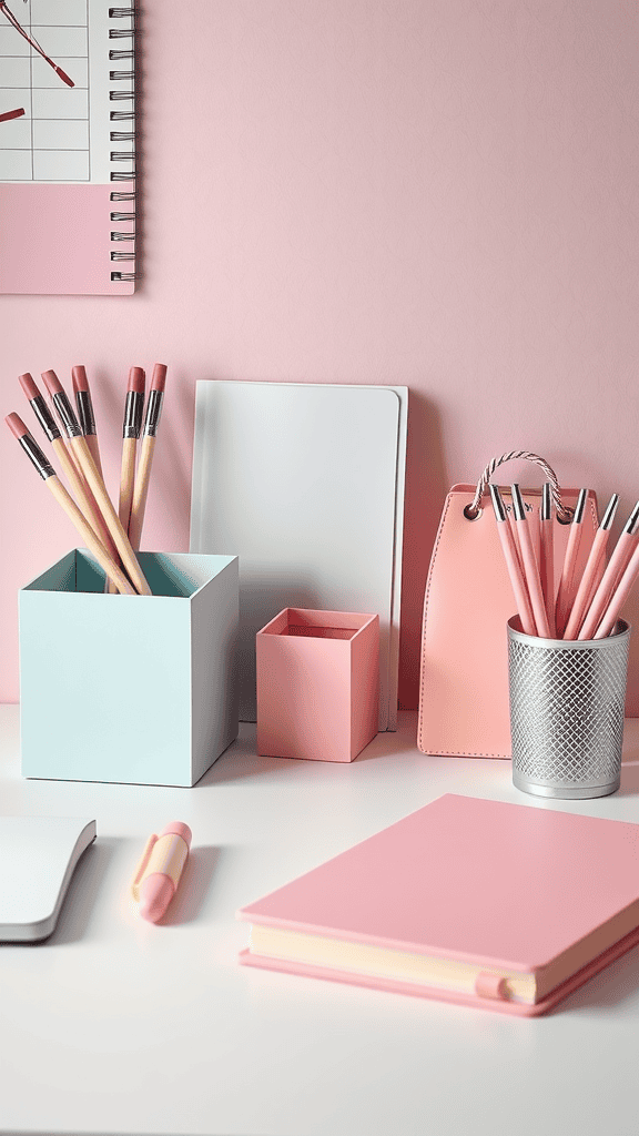 A stylish desk arrangement featuring soft pastel accessories including pink and blue pencil holders, notebooks, and pens.