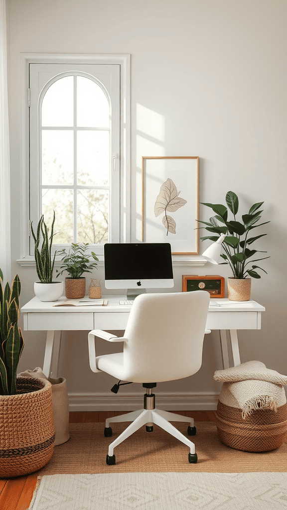 A serene workspace featuring soft pastels and earthy tones with plants, a computer, and natural materials.