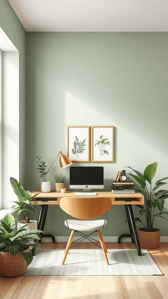 Cozy office space with soft sage green walls, a stylish desk, and various houseplants.