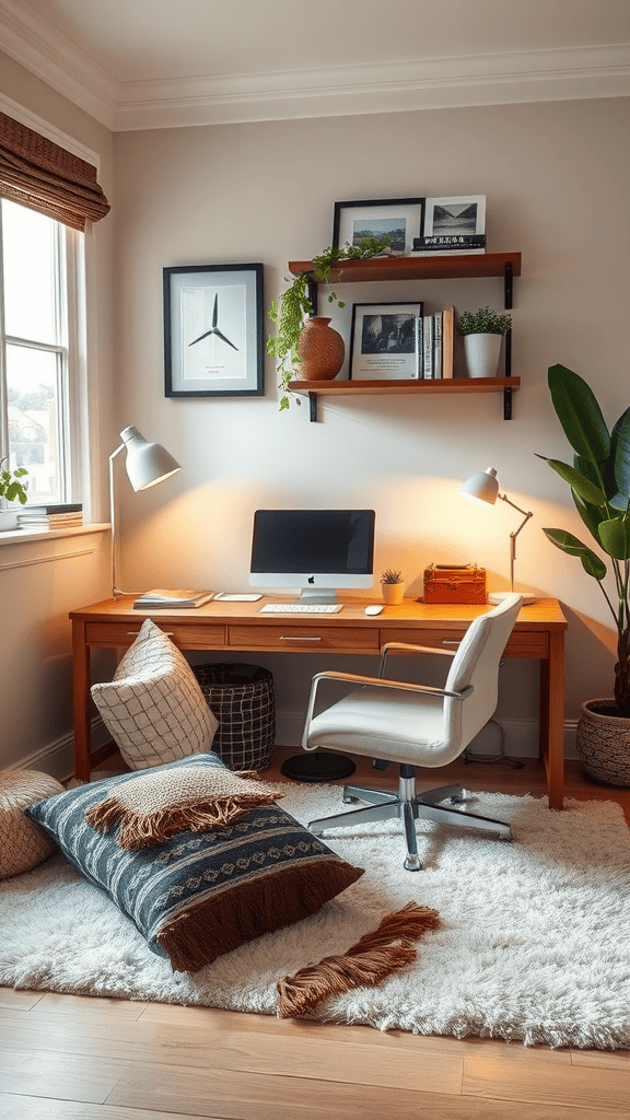 A cozy workspace featuring soft textiles including pillows and a plush white rug.