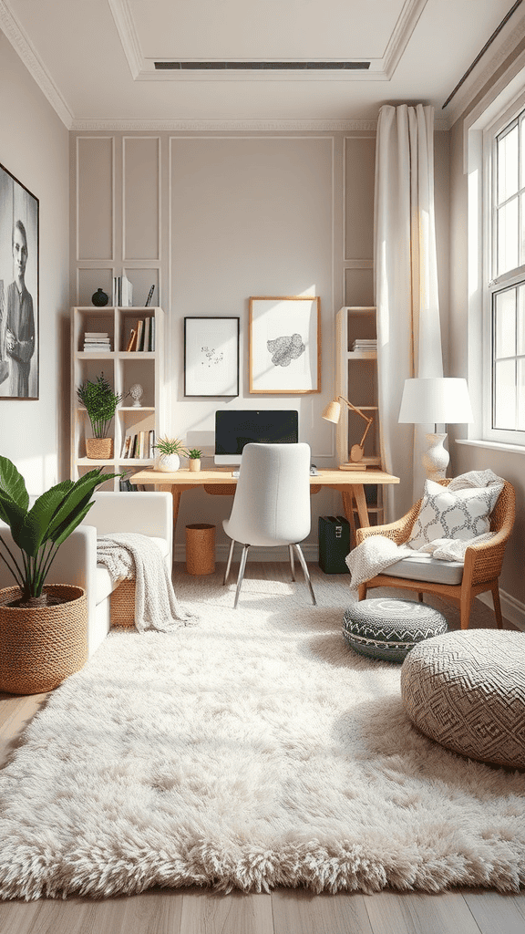 A cozy home office with soft textiles and rugs, featuring a plush rug, comfortable chairs, and a stylish desk.