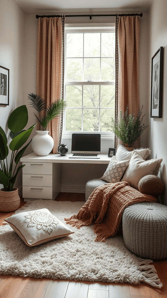 A cozy room featuring soft textiles, including a plush rug, fluffy pillows, and warm throws.