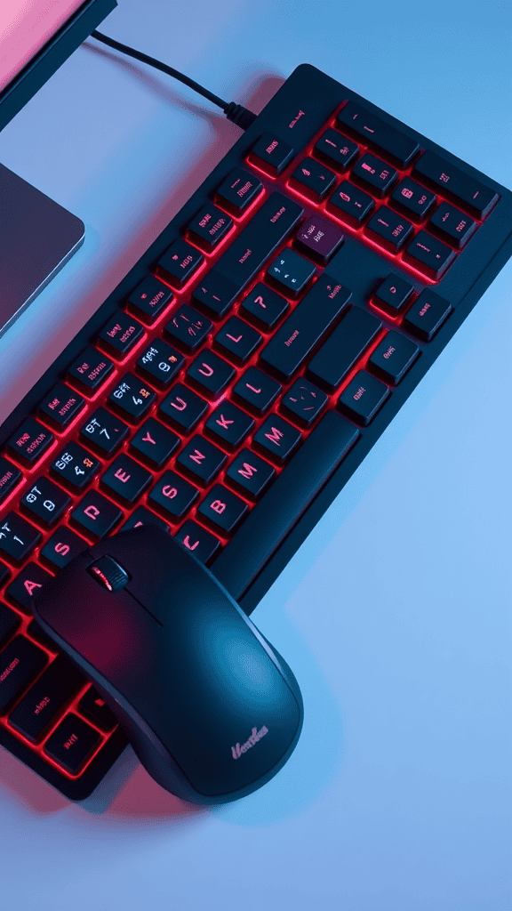 A soft touch keyboard with glowing keys and a matching mouse.