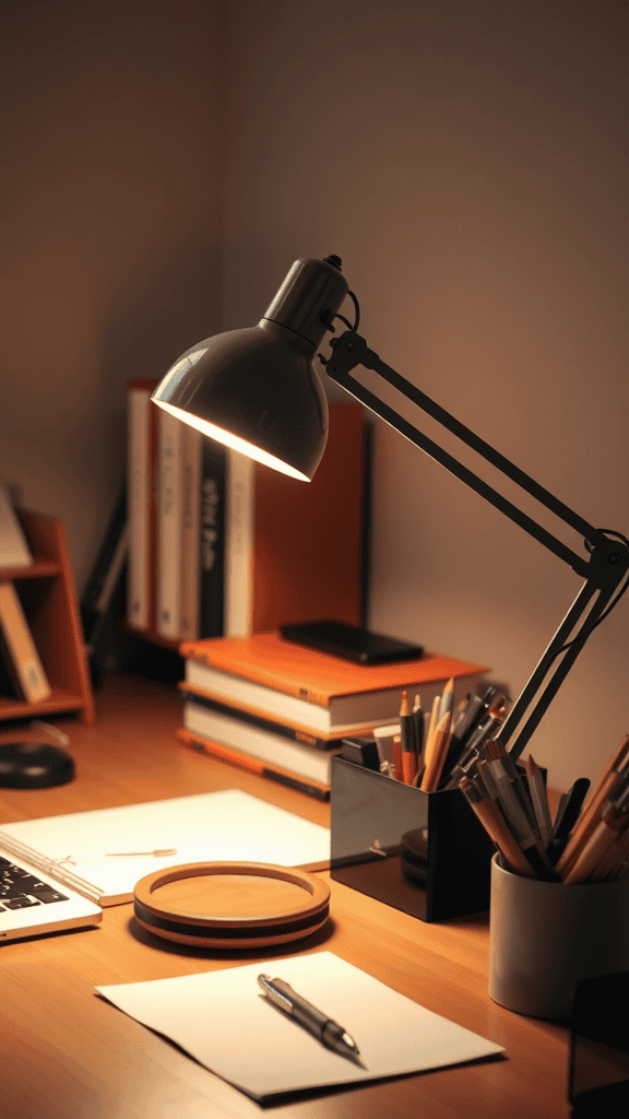 A well-lit desk with a stylish lamp, papers, and various writing instruments.