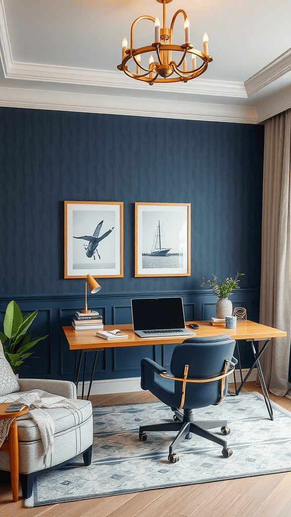 A stylish home office with navy blue walls, a wooden desk, comfortable chair, and decorative elements.