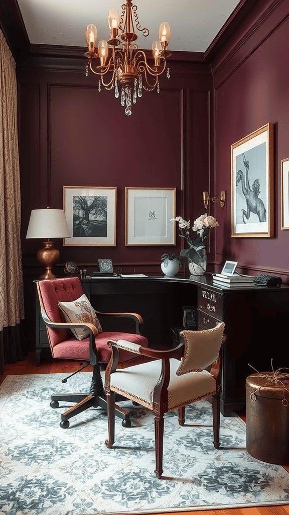 A sophisticated home office with plum walls, elegant furniture, and tasteful decor.