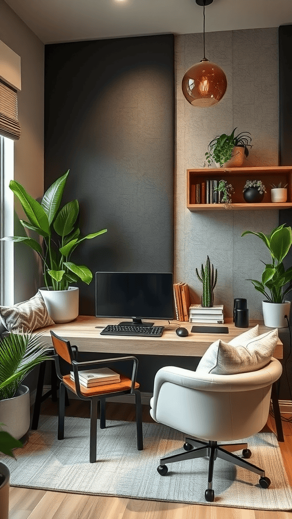 A cozy home office with a desk, computer, and plants.