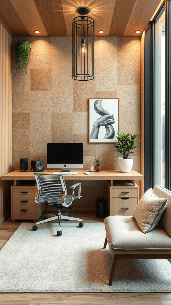 A cozy home office with a minimalist design featuring a wooden ceiling, modern desk, and plants.