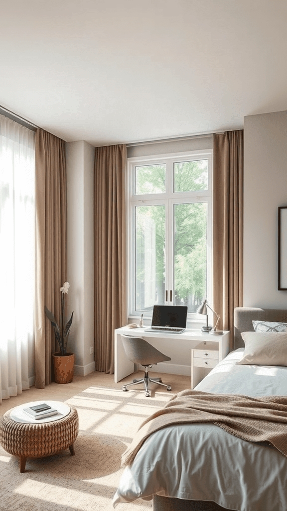 A cozy bedroom featuring a desk, large windows with curtains, and soft natural light.