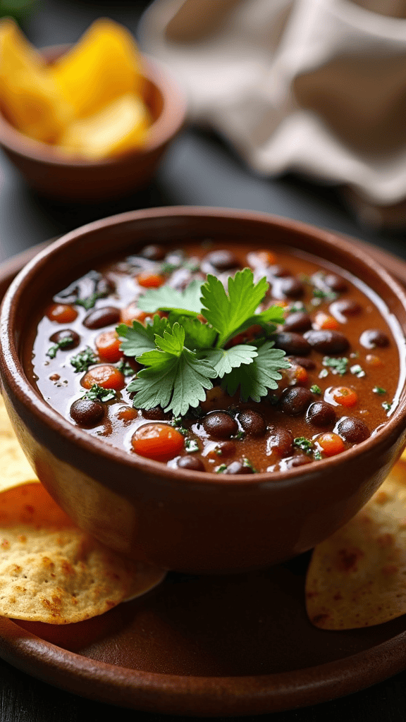 Bowl of spicy black bean soup with cilantro on top, served with tortilla chips