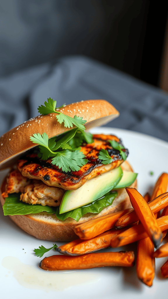 A delicious spicy chicken sandwich with avocado and sweet potato fries on the side.