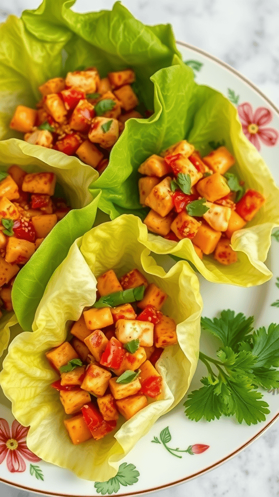 Colorful spicy chicken lettuce wraps with red peppers and herbs on a floral plate.