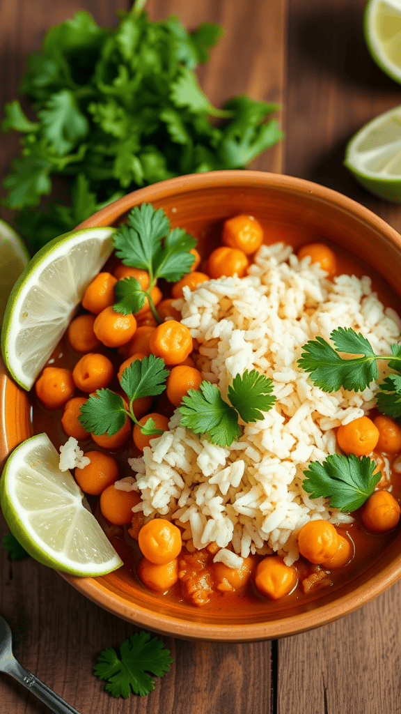 A colorful bowl of spicy chickpeas and rice, garnished with lime and fresh cilantro.