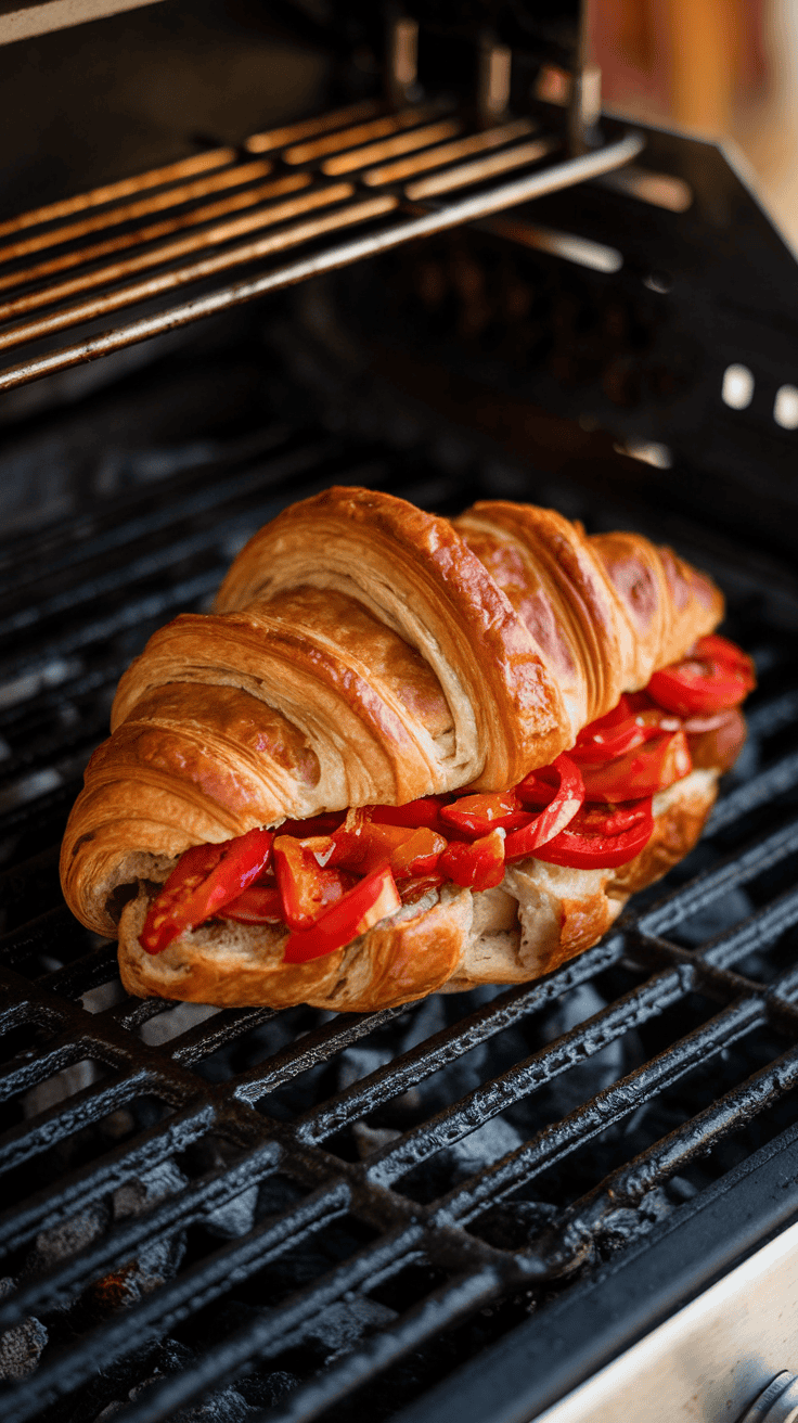 A croissant filled with red bell peppers on a grill