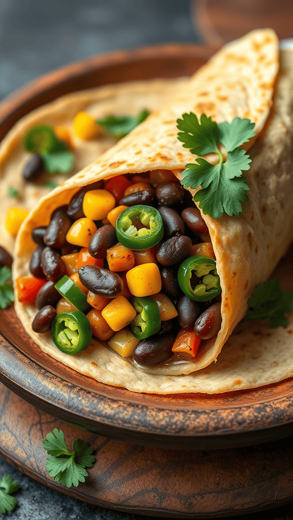 A Spicy Southwest Veggie Wrap filled with black beans, corn, and green peppers on a wooden plate.