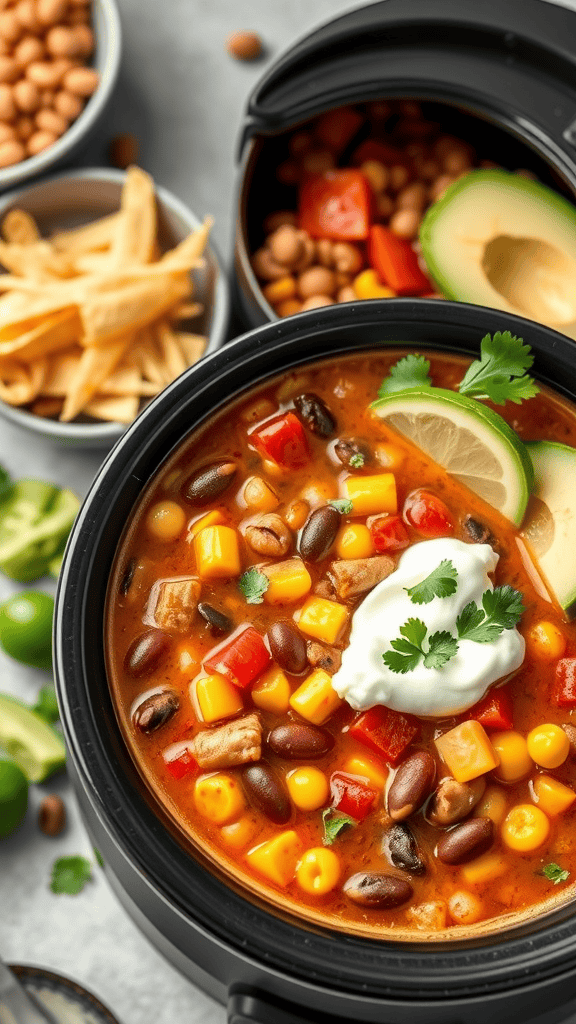 A bowl of spicy taco soup with colorful ingredients, garnished with lime and cilantro