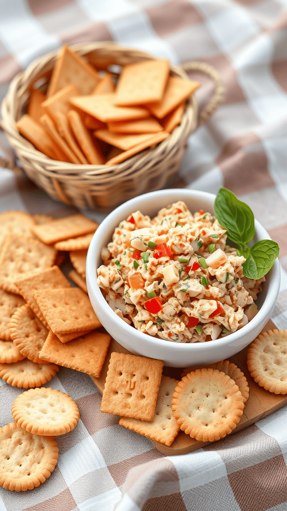 A bowl of spicy tuna salad with colorful vegetables, surrounded by a variety of crackers.