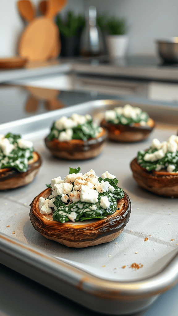 Portobello mushrooms stuffed with spinach and feta cheese on a baking sheet