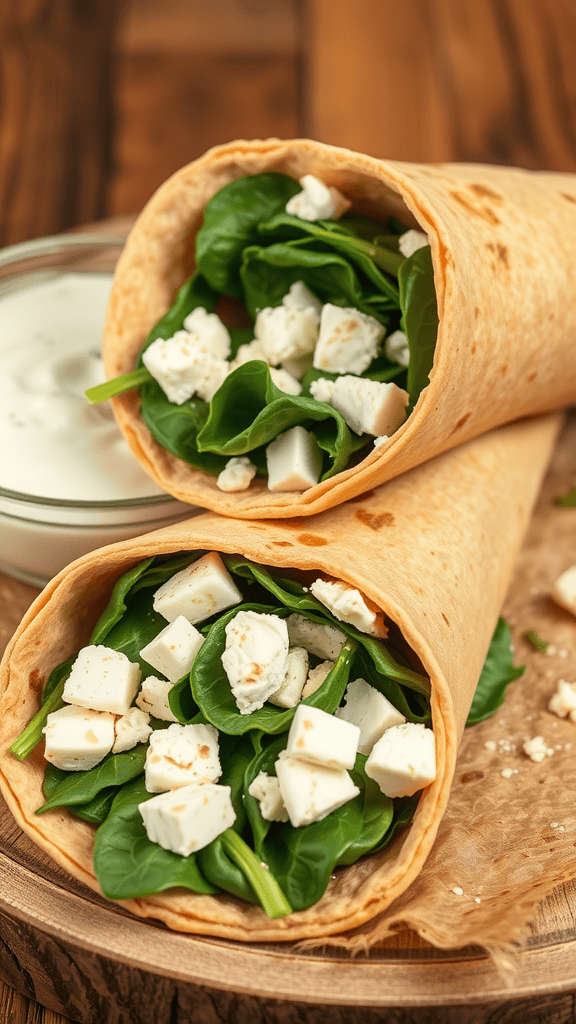 A spinach and feta stuffed whole wheat wrap with yogurt on the side.