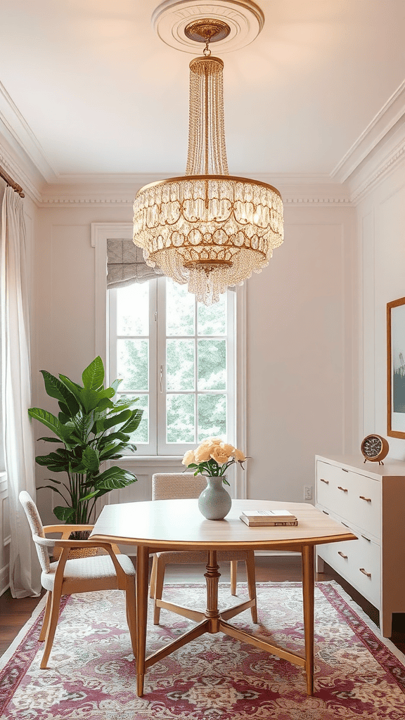 A stylish dining area featuring a chandelier and a modern table with chairs.