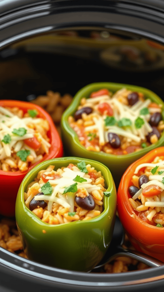 Colorful stuffed bell peppers in a crockpot, filled with rice, beans, and topped with cheese.