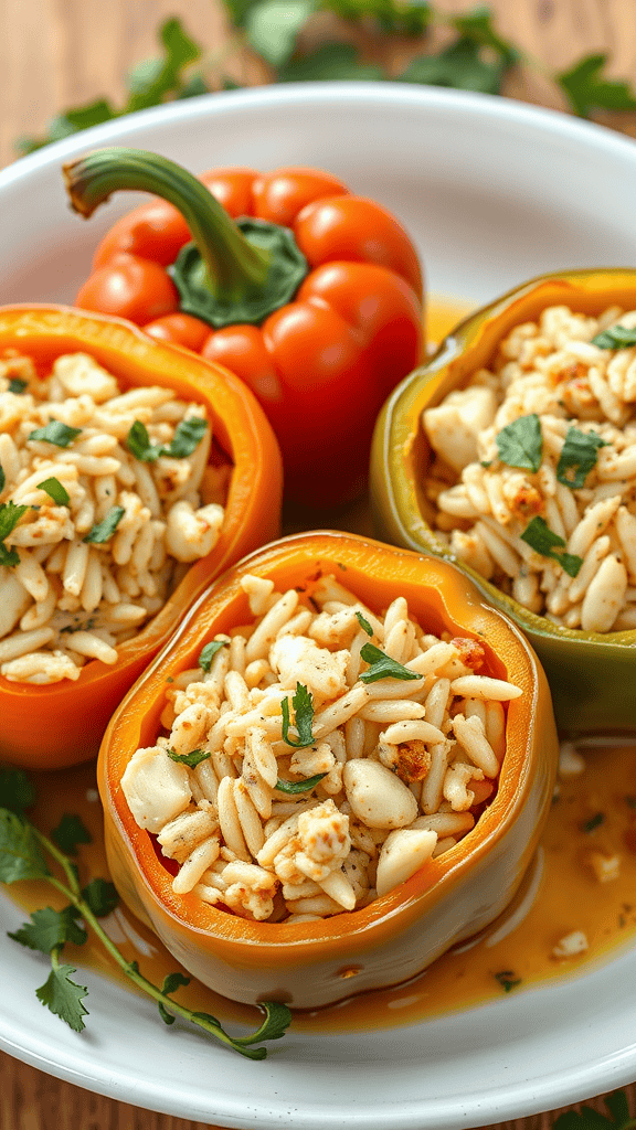 Three stuffed bell peppers filled with rice and turkey, garnished with parsley.