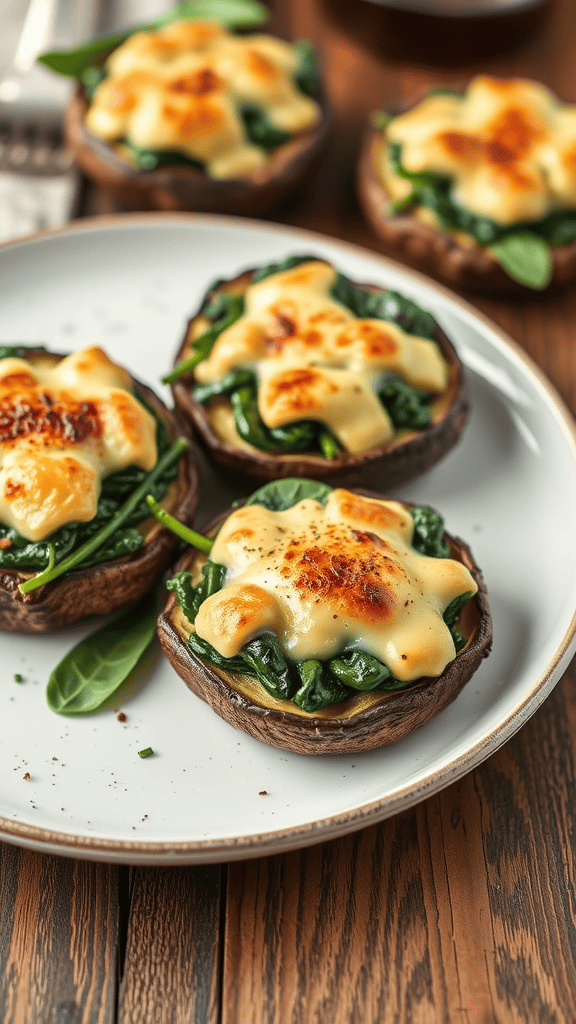 Stuffed portobello mushrooms filled with spinach and topped with melted cheese on a plate.