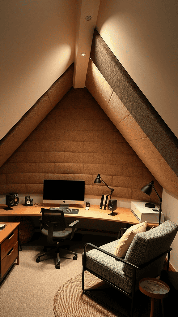 Cozy attic office with stylish acoustic panels and a modern desk setup