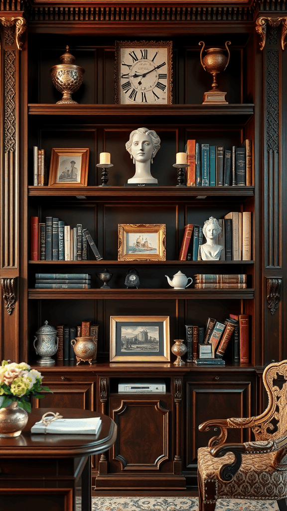 Decorative shelves in a Victorian-style home office with books, antiques, and a bust.