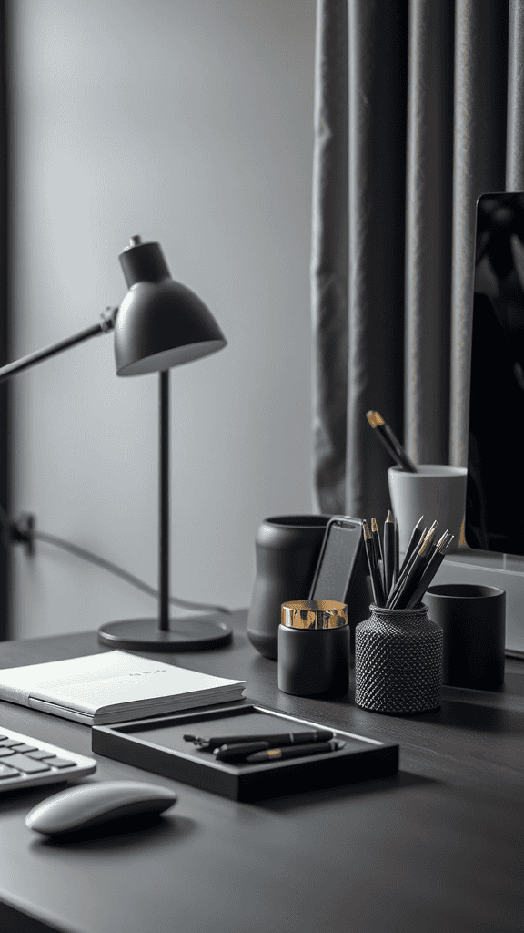 A modern desk setup featuring a lamp, pens, and notebooks.