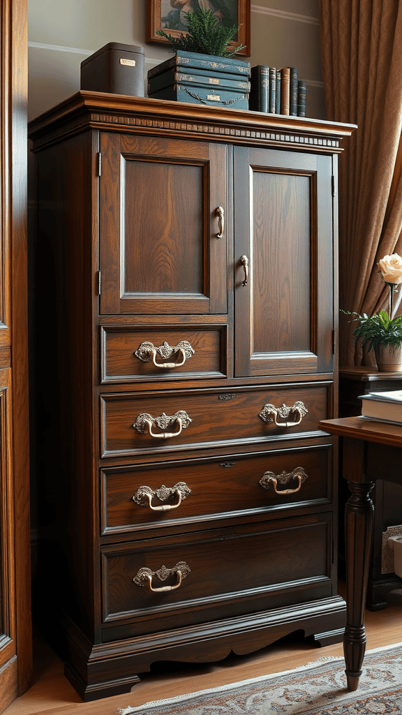 A vintage wooden filing cabinet with brass handles, showcasing Victorian design elements.