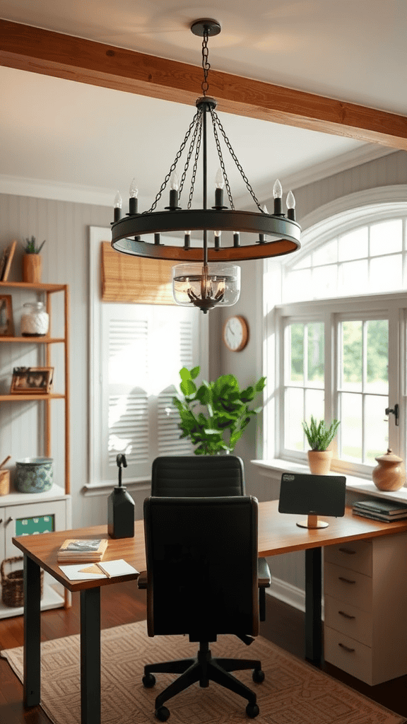 A stylish rustic chandelier hanging in a bright home office with wooden elements and plants.