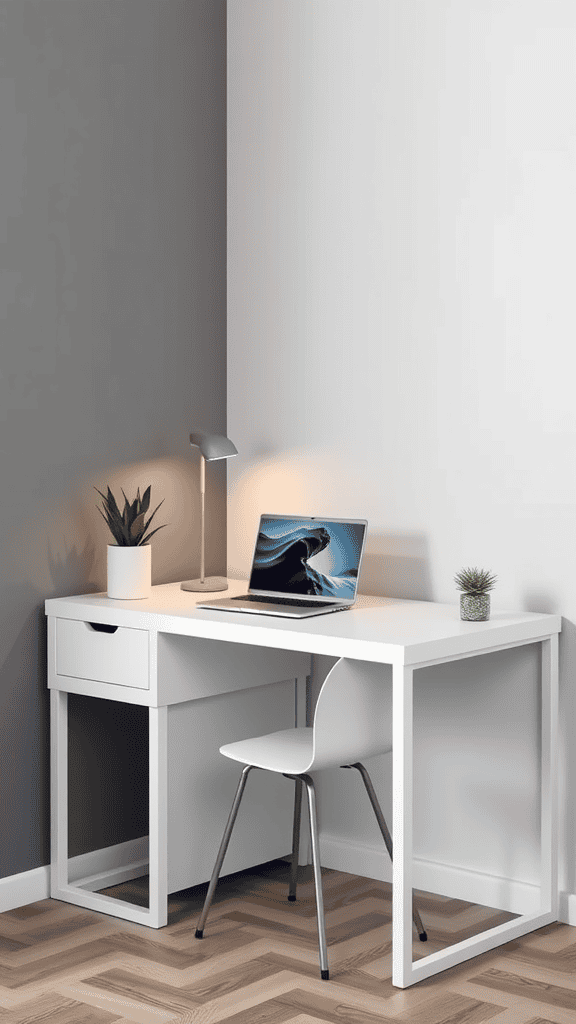 Minimalist workspace featuring a white desk with a laptop and plants against a gray wall.