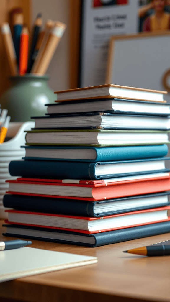 A stack of colorful notebooks on a desk with pens and a blank sheet of paper.