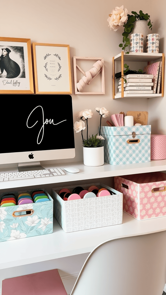 A stylish organized workspace with colorful storage boxes and a computer.