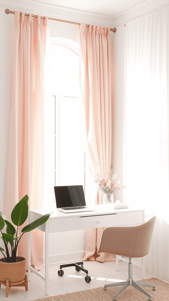 A bright and cozy workspace with stylish pink curtains, a white desk, and a laptop.