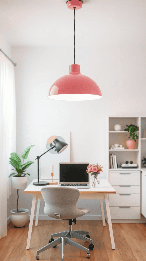 A stylish pink pendant light hanging over a modern desk with a computer and plants.