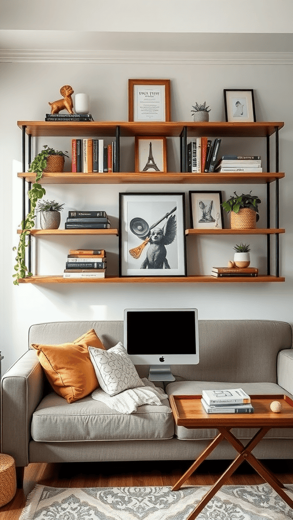 Stylish wooden shelving with books, plants, and art above a couch