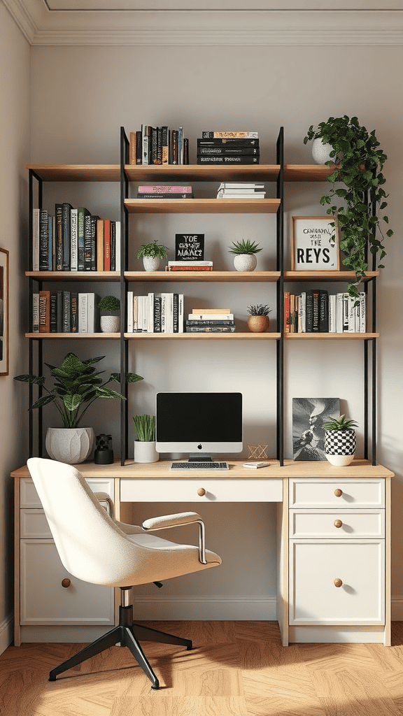 A stylish home office setup featuring a desk and organized shelving with books and plants.