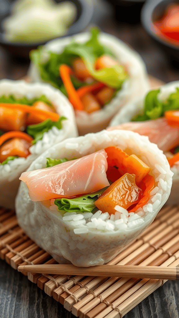 Sushi-inspired rice wraps filled with fresh vegetables and fish