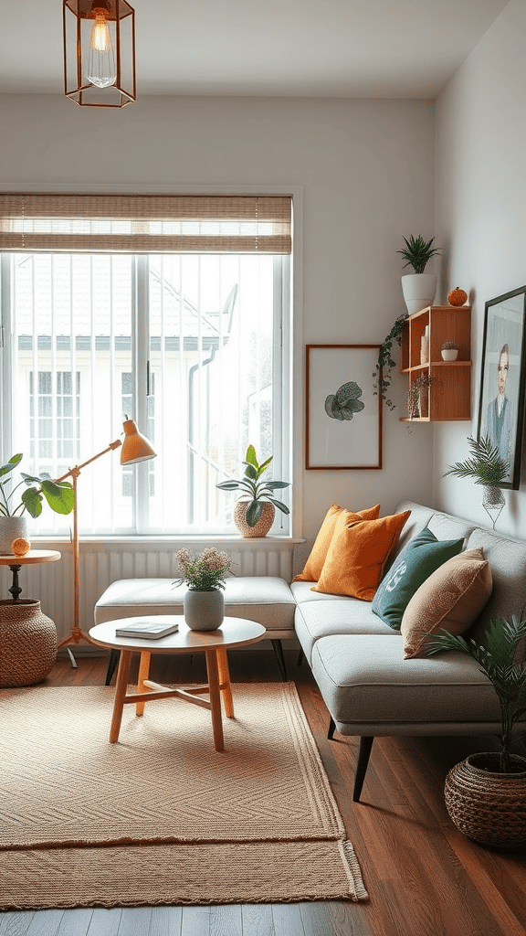 A cozy living room featuring a modern couch with pillows, a coffee table, and plants, illuminated by natural light.