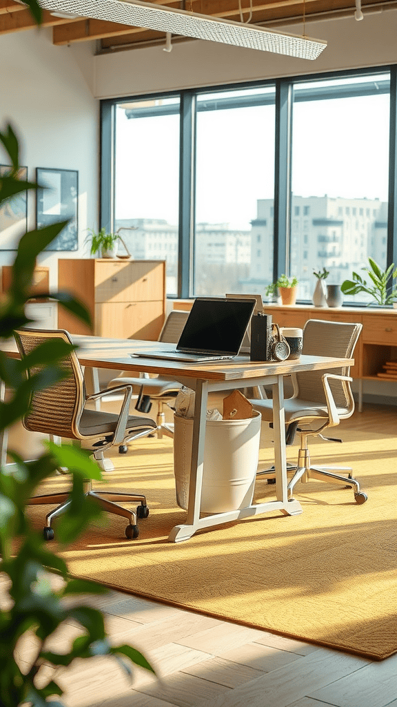 A bright and airy office space featuring a modern desk, ergonomic chairs, and large windows with plants.